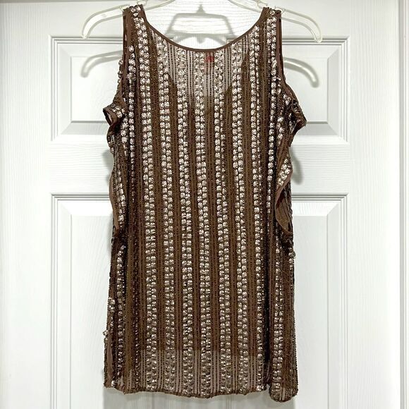 Parker 100% silk embroidered brown cut off top blouse outgoing Sz S - Picture 6 of 10